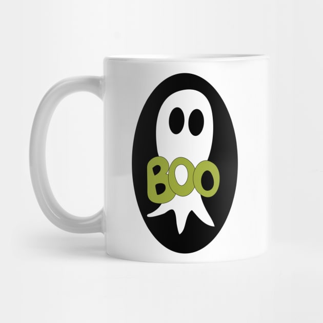 Cute Halloween ghost cartoon with BOO text by Angel Dawn Design